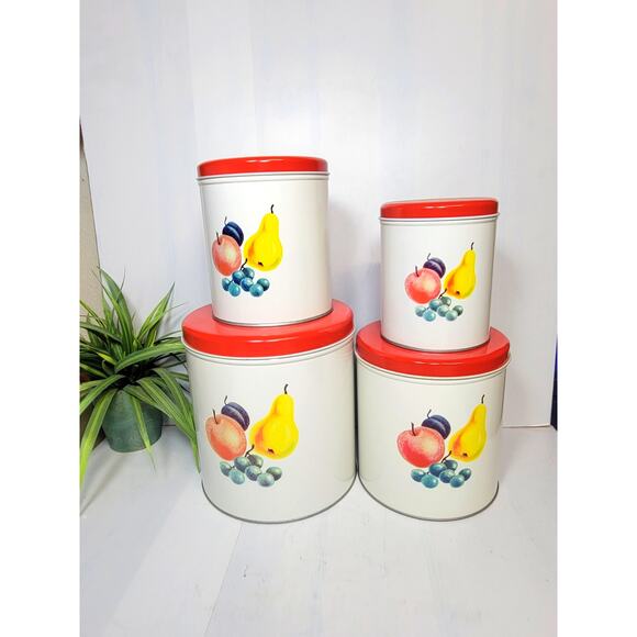 Vintage 1950’s Decoware Kitchen Canisters Set of 4 with Red Lids, Fruit - Picture 1 of 6